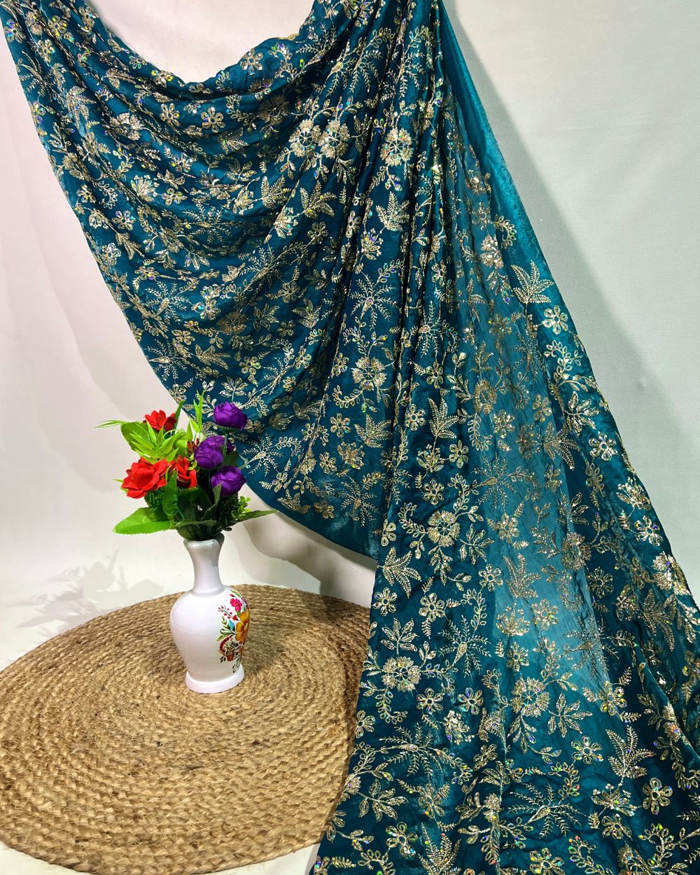 Space Silk Work Peacock Green Colour 42 Inches Width