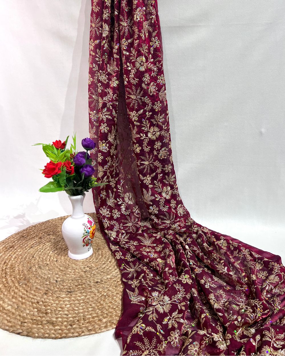 Space Silk Work Maroon Colour 42 Inches Width