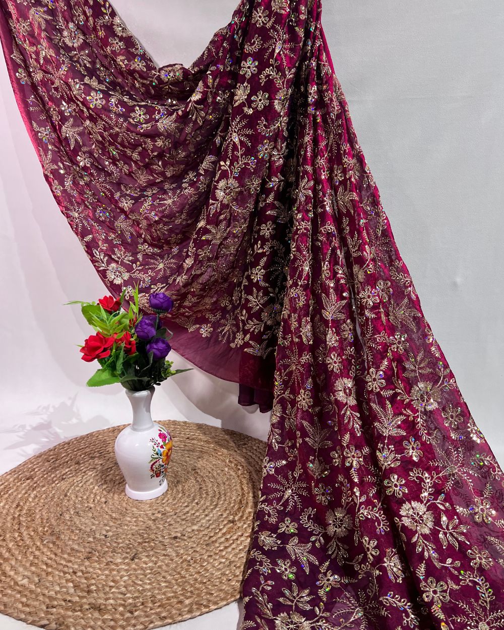Space Silk Work Maroon Colour 42 Inches Width