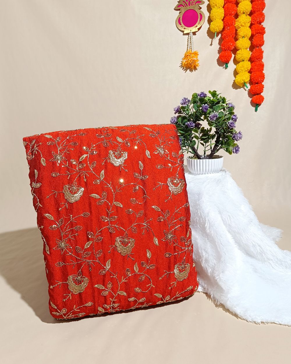 Nayra Crush Silk Work Burnt Orange Colour 44 Inches Width