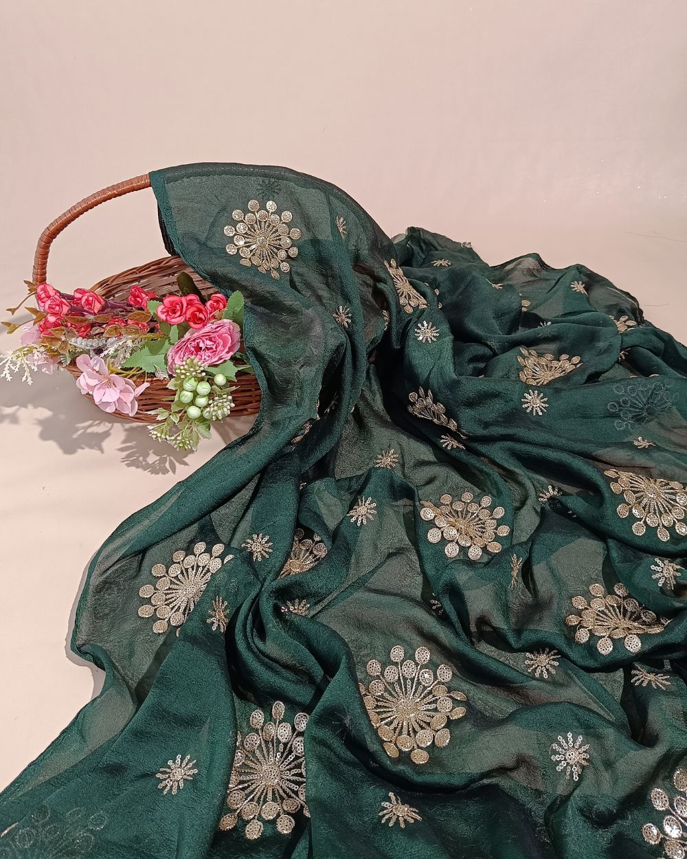 Rangoli Crush Silk Work Bottle Green Colour 44 Inches Width