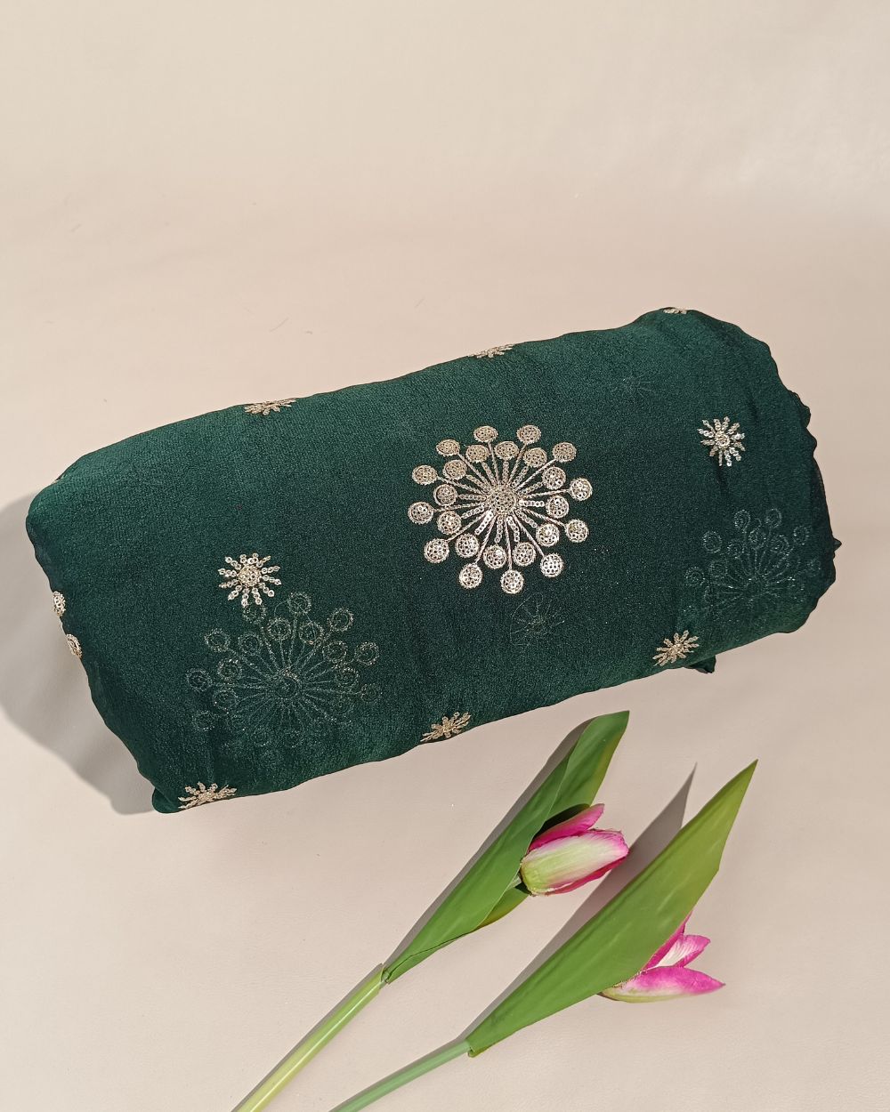 Rangoli Crush Silk Work Bottle Green Colour 44 Inches Width