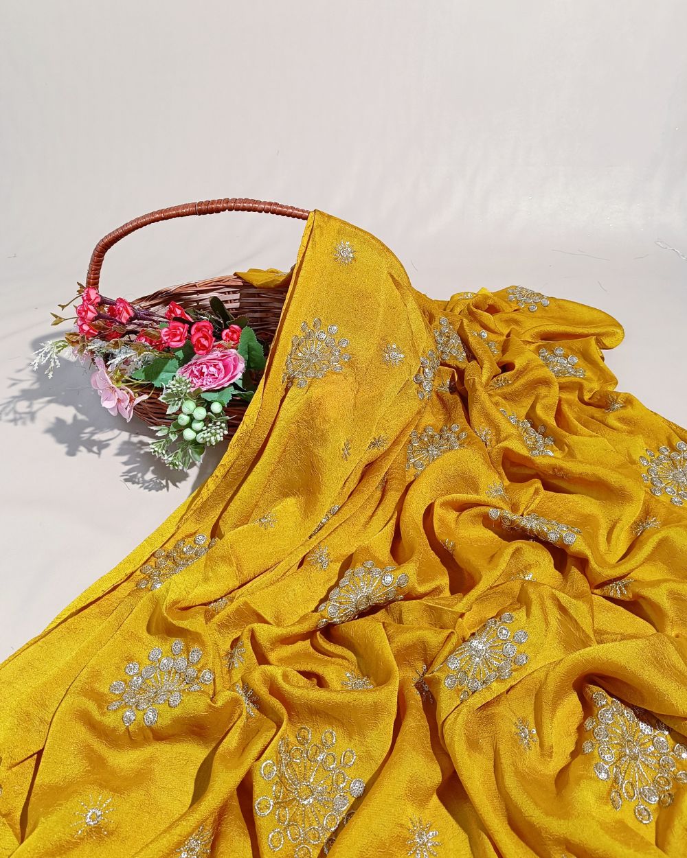 Rangoli Crush Silk Work Mustard Yellow Colour 44 Inches Width