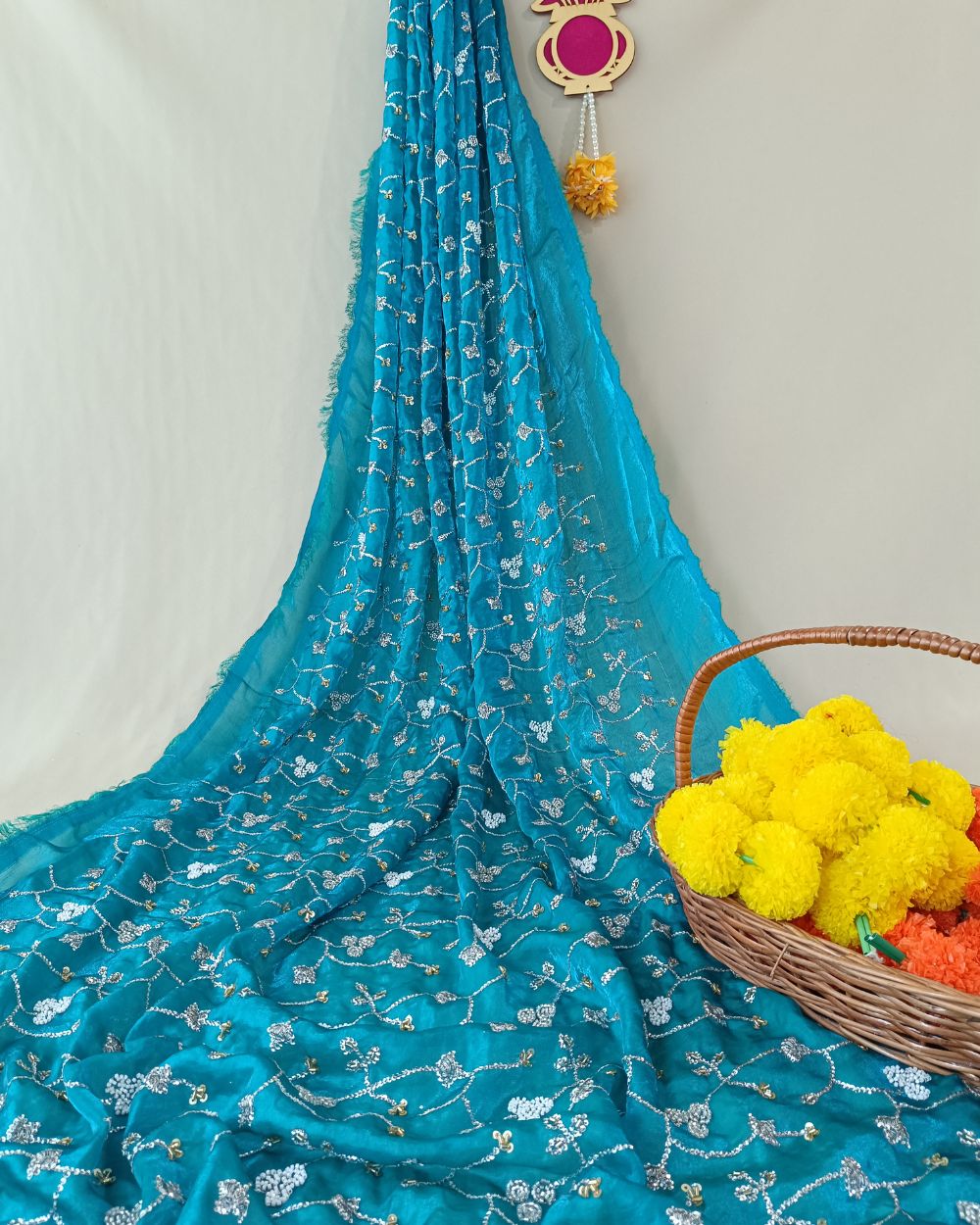 Space Silk Work Peacocke Blue Colour 44 Inches Width