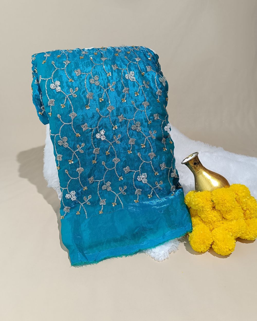 Space Silk Work Peacocke Blue Colour 44 Inches Width