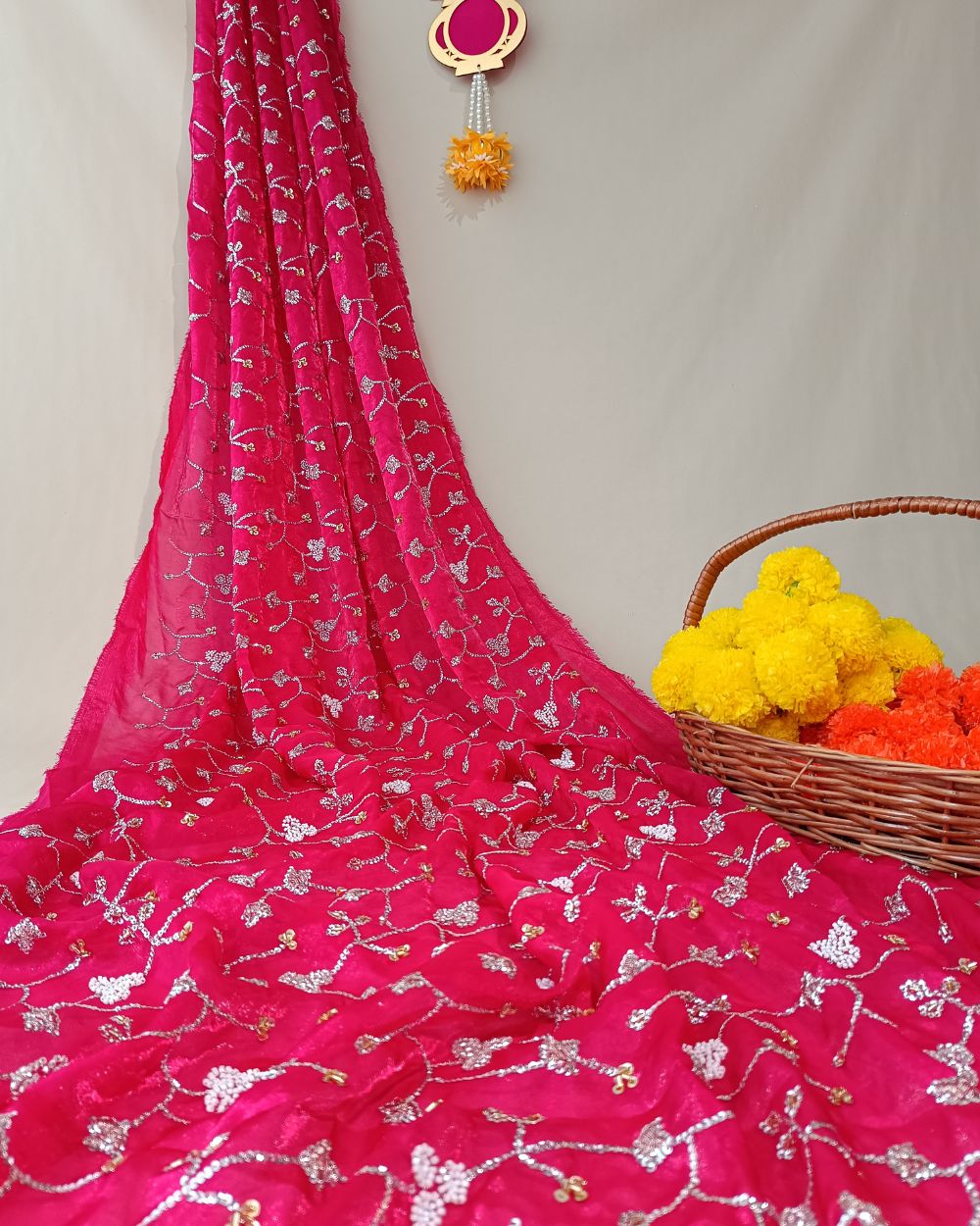 Space Silk Work Rani Pink Colour 44 Inches Width