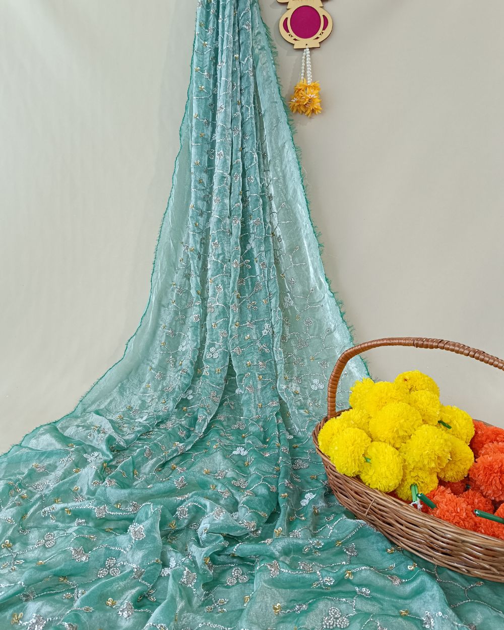 Space Silk Work Sea green Colour 44 Inches Width