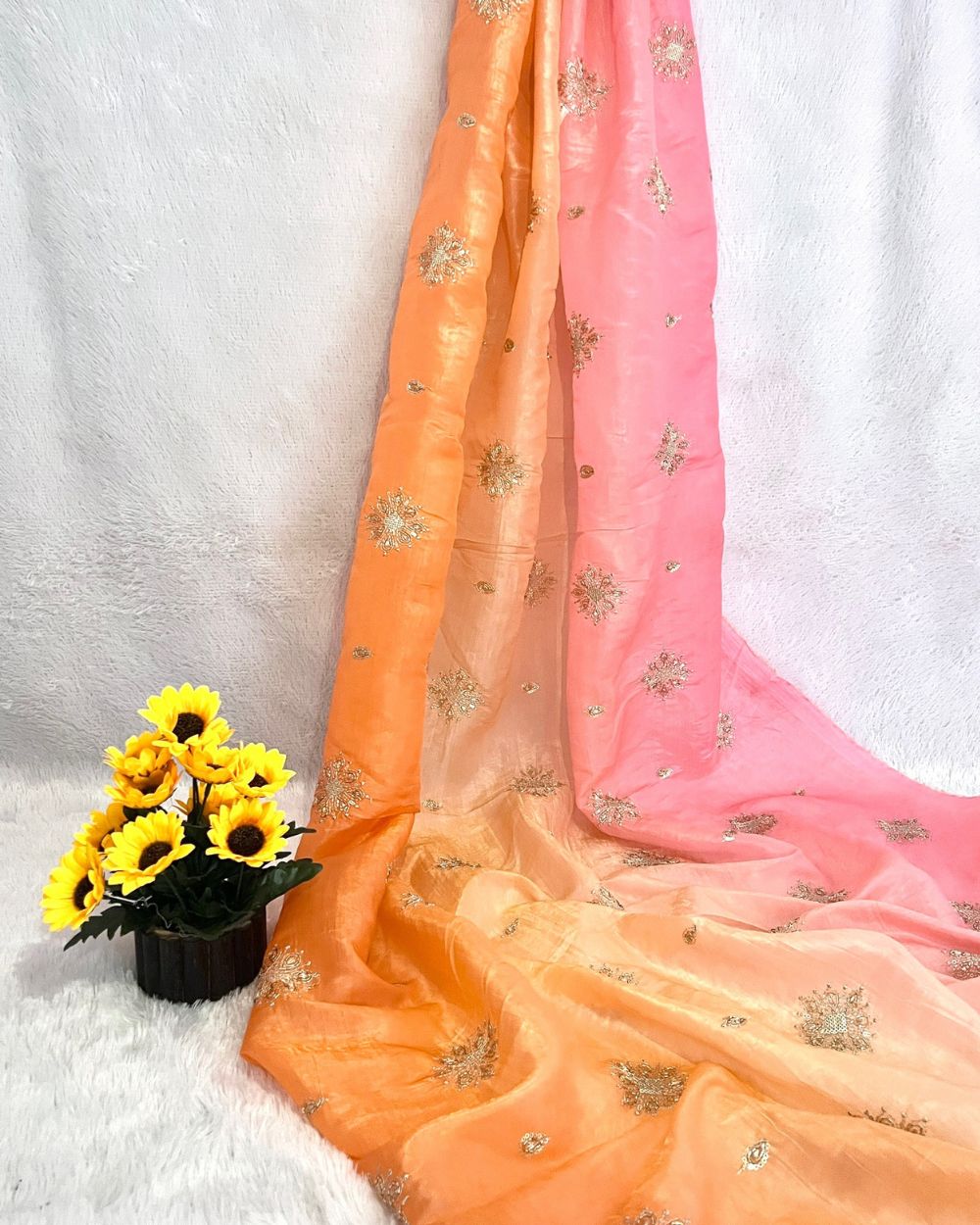 Shaded Gold Crush Work Peach Pink Colour 46 Inches Width