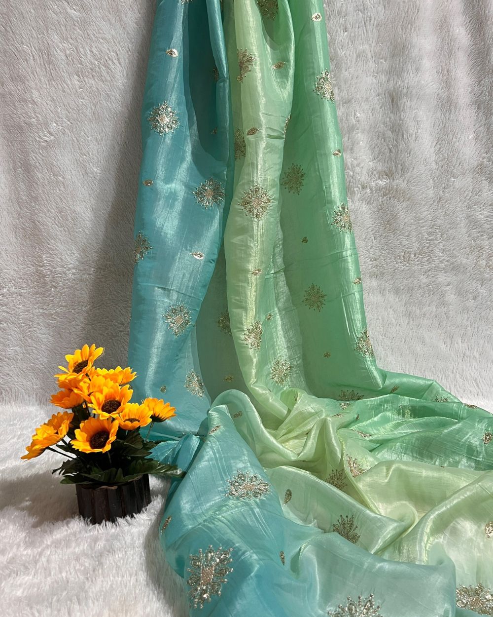 Shaded Gold Crush Work Turquoise Colour 46 Inches Width