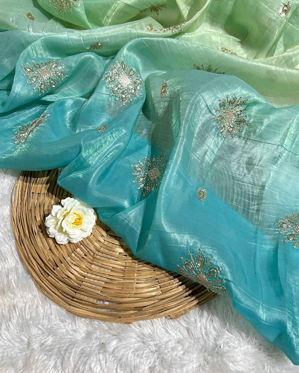 Shaded Gold Crush Work Turquoise Colour 46 Inches Width