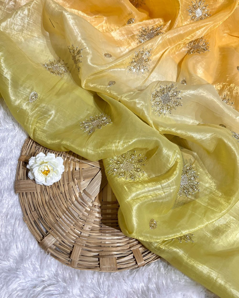 Shaded Gold Crush Work Greenish Yellow Colour 46 Inches Width