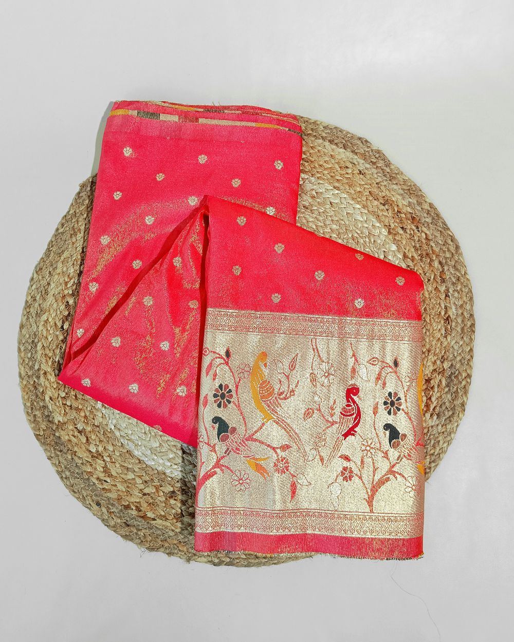 Cosmos Zari Work with Paithani Border Peach Colour 42 Inches Width