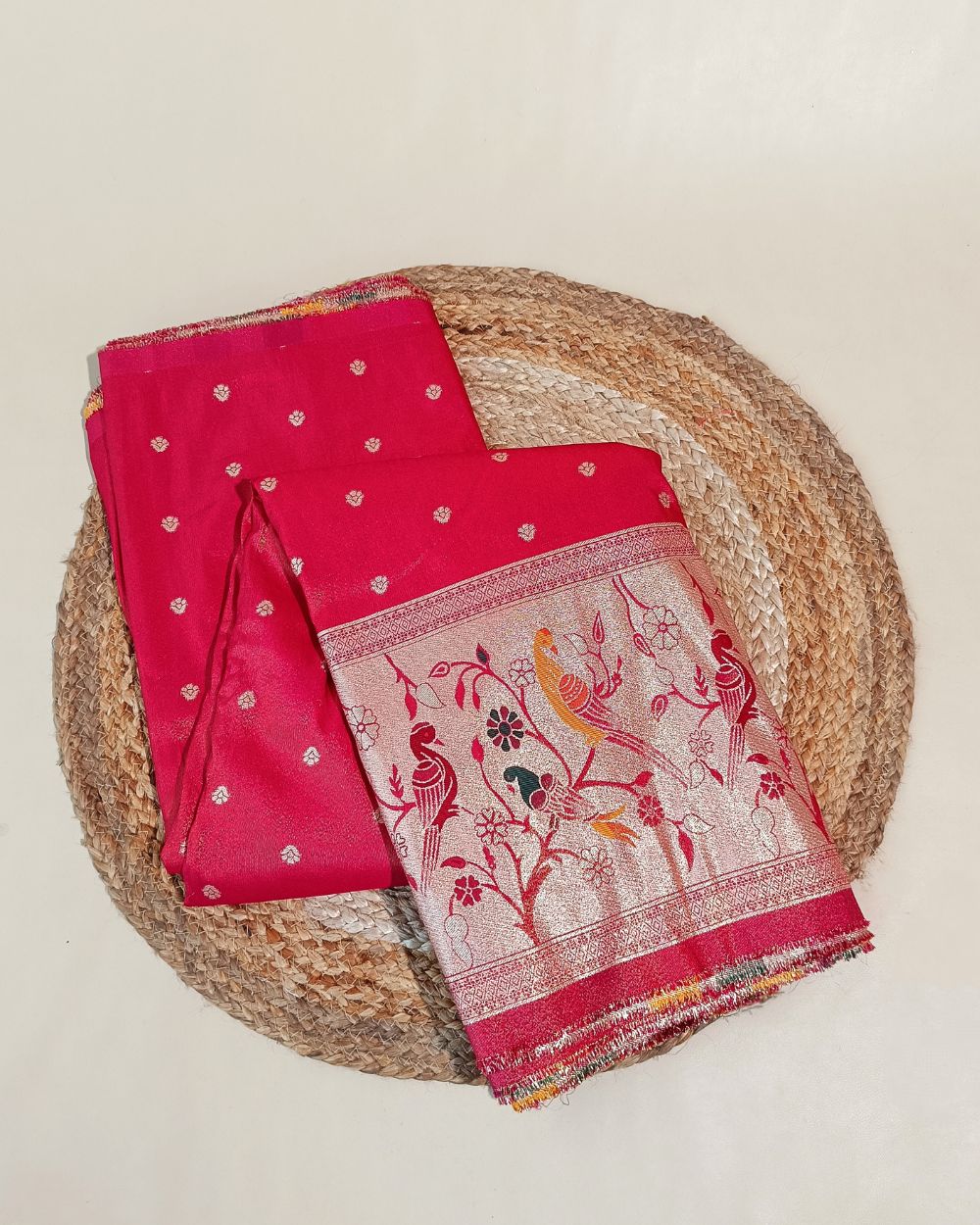 Cosmos Zari Work with Paithani Border Pinkish Red Colour 42 Inches Width