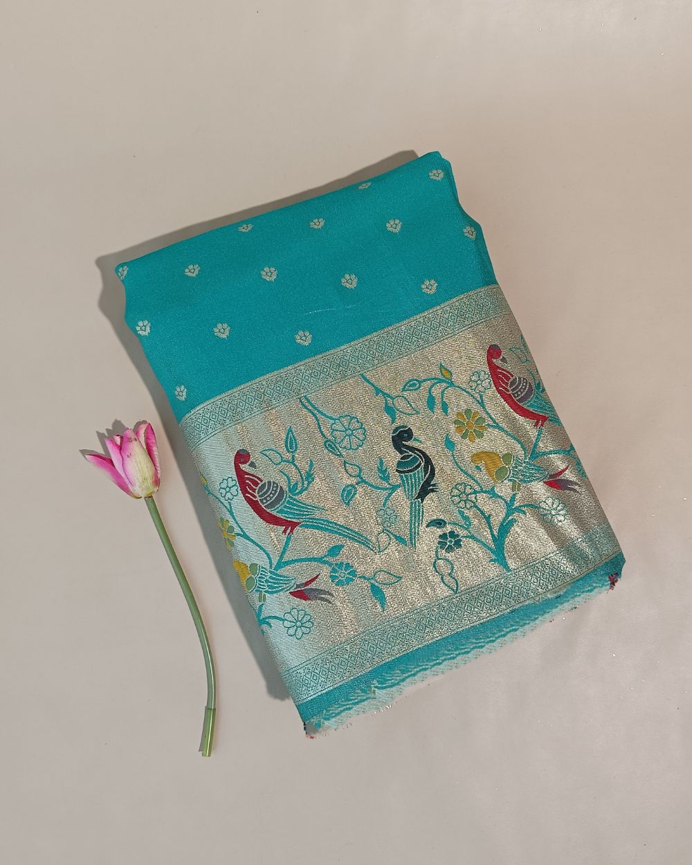 Cosmos Zari Work with Paithani Border Sky Blue Colour 42 Inches Width