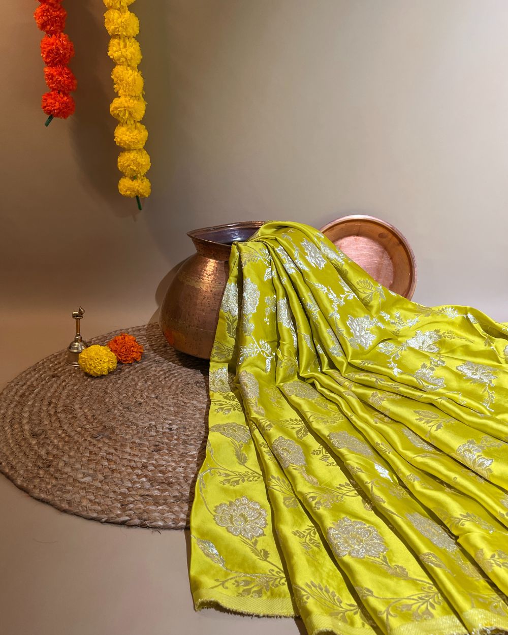 Premium Dola Silk Banarasi Neon Lime Green Colour 44 Inches Width