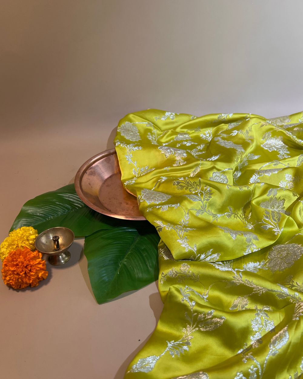 Premium Dola Silk Banarasi Neon Lime Green Colour 44 Inches Width