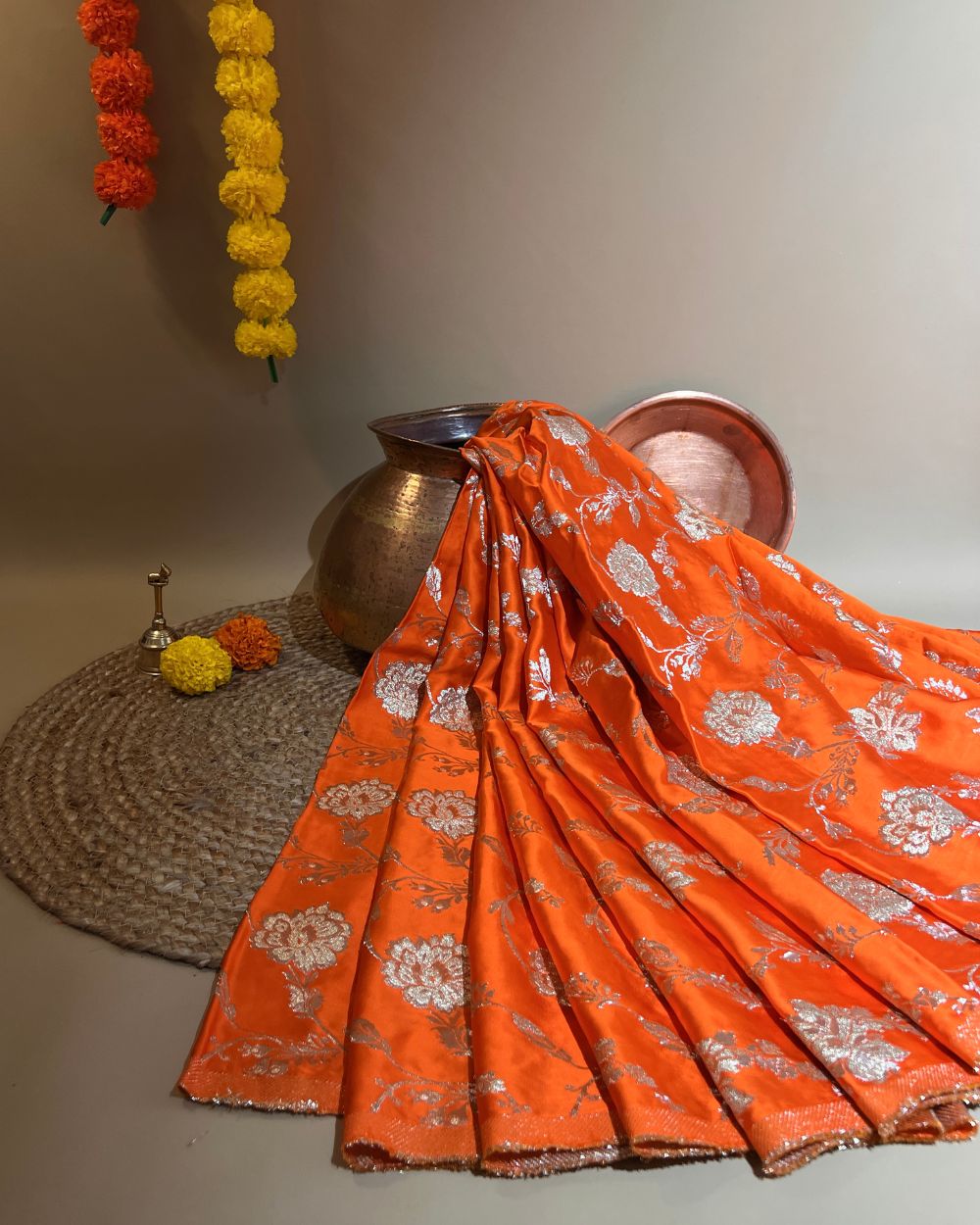 Premium Dola Silk Banarasi Bright Orange Colour 44 Inches Width