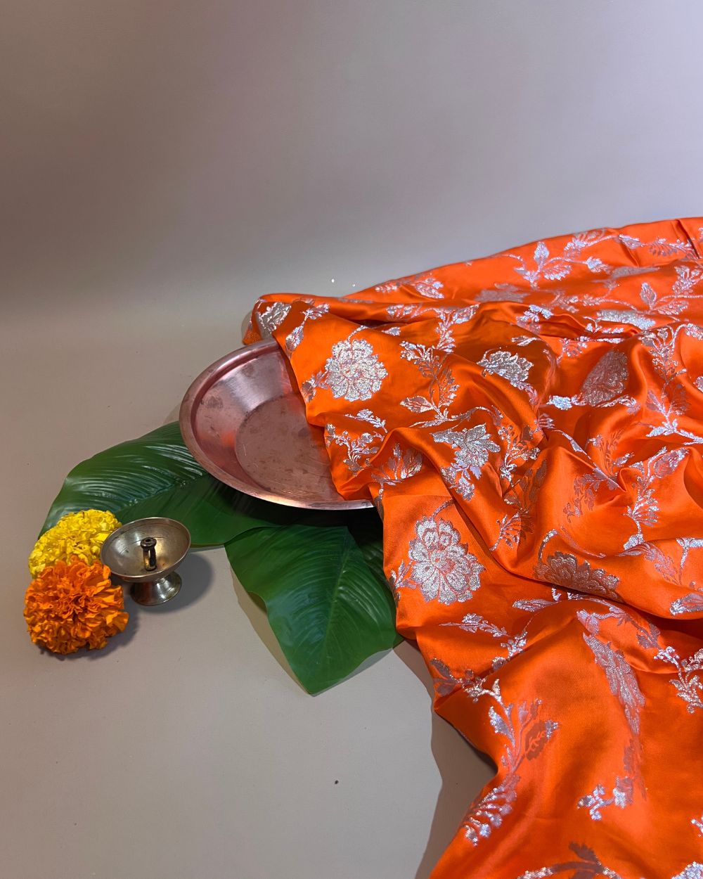 Premium Dola Silk Banarasi Bright Orange Colour 44 Inches Width