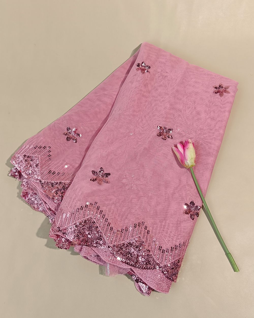 Net Work with Cutwork Border Peach Pink Colour 44 Inches Width