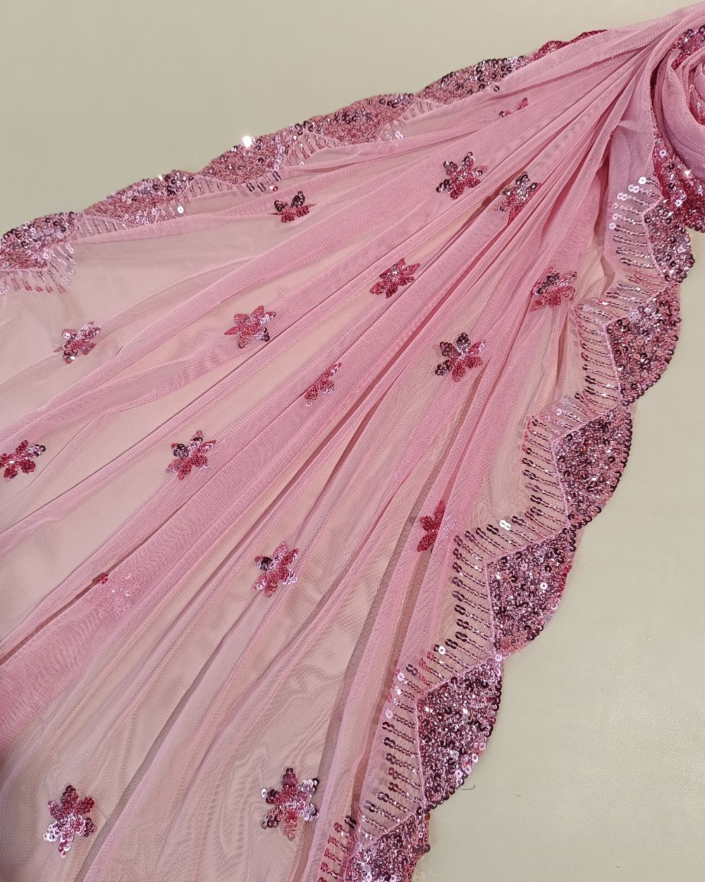 Net Work with Cutwork Border Peach Pink Colour 44 Inches Width