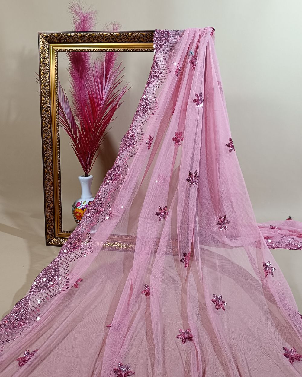 Net Work with Cutwork Border Peach Pink Colour 44 Inches Width