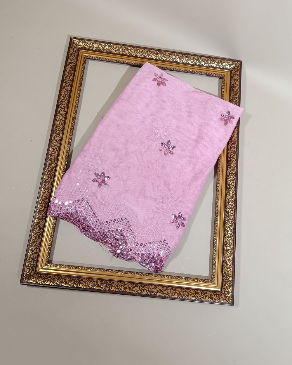 Net Work with Cutwork Border Peach Pink Colour 44 Inches Width