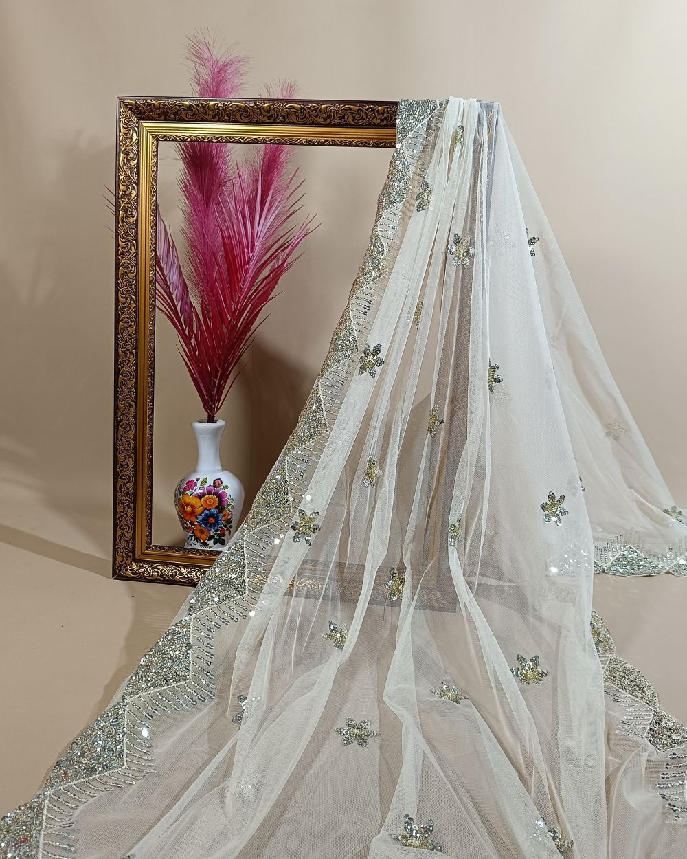 Net Work with Cutwork Border Off White Colour 44 Inches Width