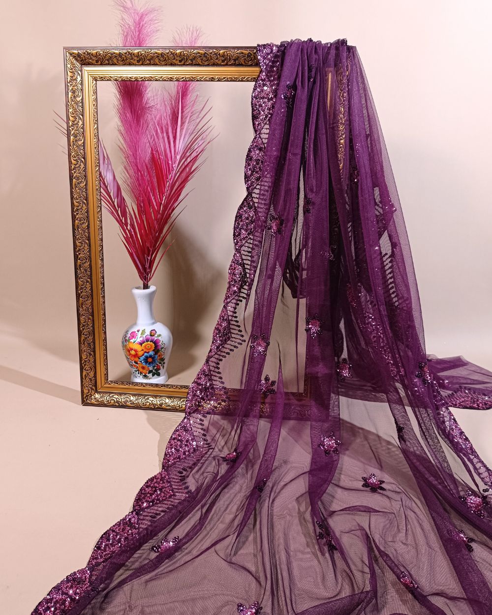 Net Work with Cutwork Border Wine Colour 44 Inches Width