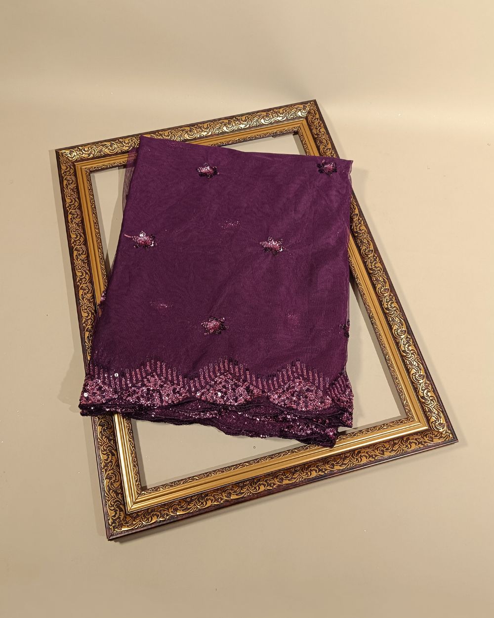 Net Work with Cutwork Border Wine Colour 44 Inches Width