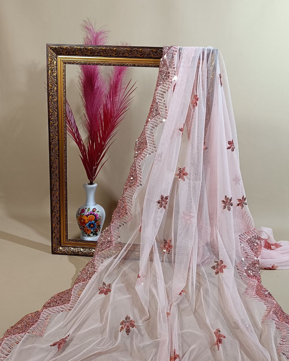 Net Work with Cutwork Border Light Peach Colour 44 Inches Width