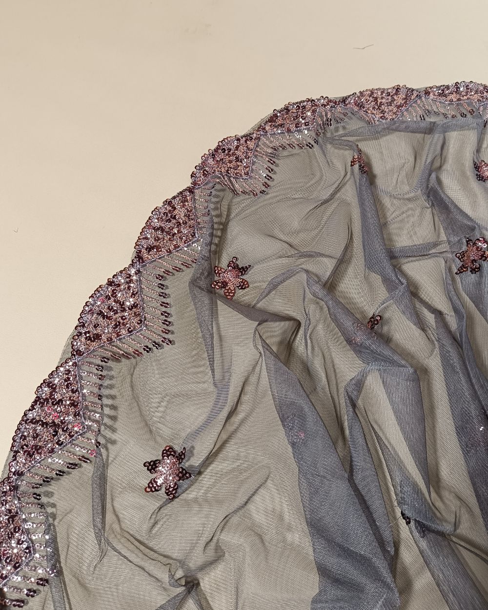 Net Work with Cutwork Border Dusty Grey Brown Colour 42 Inches Width