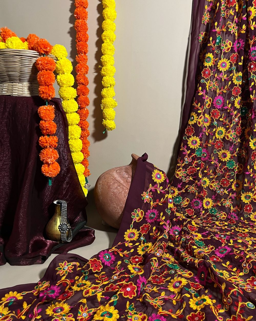 Georgette Gamthi(Rajasthani) Work Wine(Multicolor) 42 Inches Width