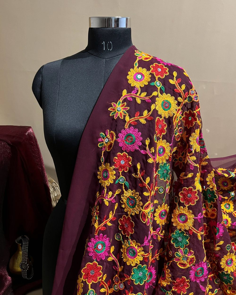 Georgette Gamthi(Rajasthani) Work Wine(Multicolor) 42 Inches Width