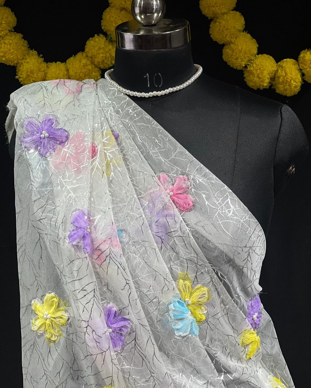 Premium Organza Work with Korean Foil White Colour 45 Inches Width