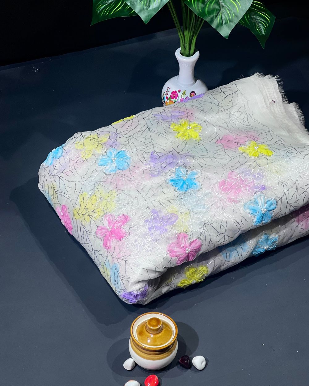 Premium Organza Work with Korean Foil White Colour 45 Inches Width