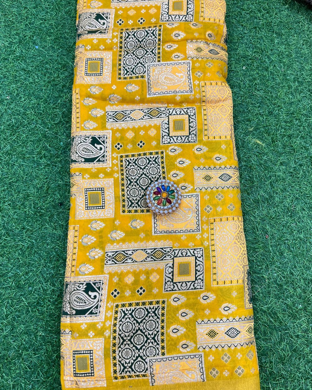 Brocade Chanderi Silk Work Yellow Colour 44 Inches Width