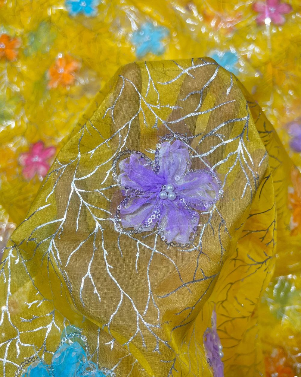 Premium Organza Work with Korean Foil Yellow Colour 45 Inches Width