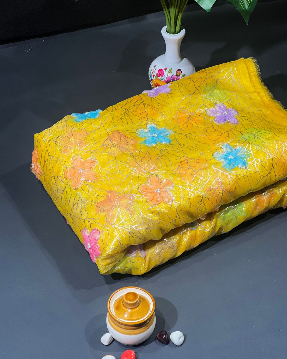 Premium Organza Work with Korean Foil Yellow Colour 45 Inches Width