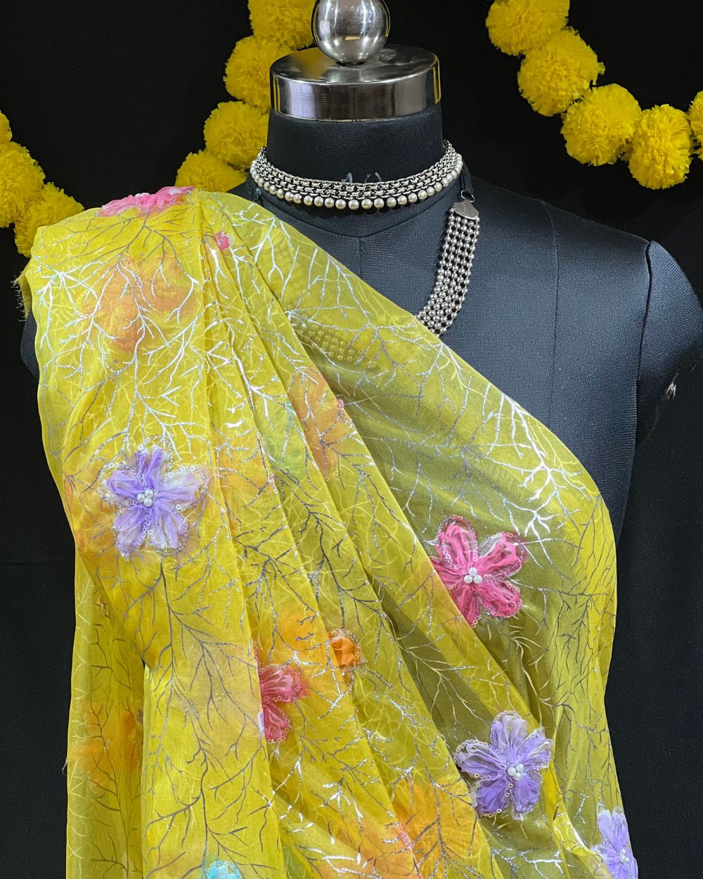 Premium Organza Work with Korean Foil Yellow Colour 45 Inches Width
