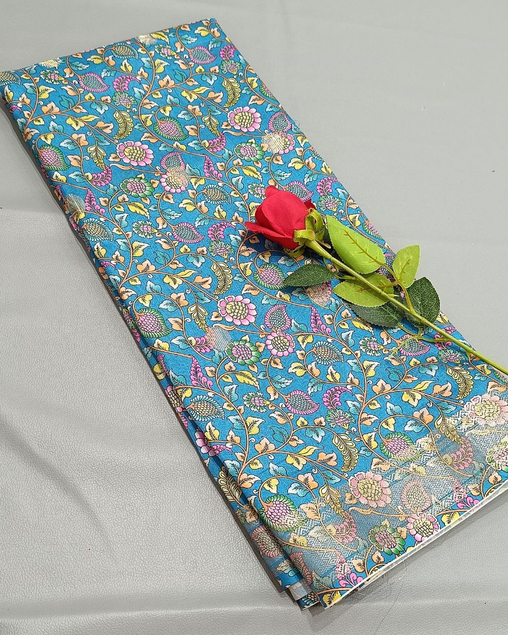 Printed Silk With Border Blue (Multicolour) 46 Inches Width