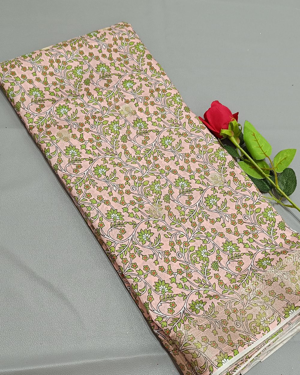 Printed Silk With Border Light Peach (Multicolour) 46 Inches Width