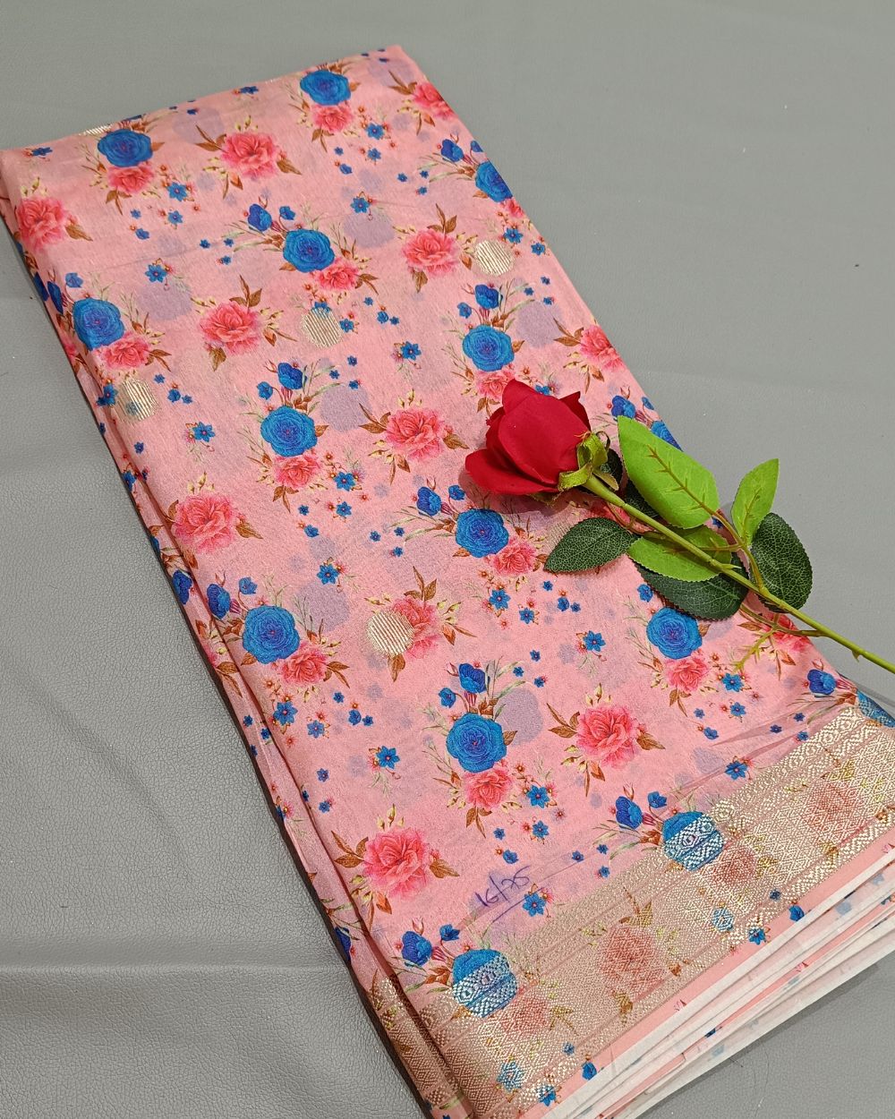 Printed Silk With Border Peach Pink (Multicolour) 46 Inches Width