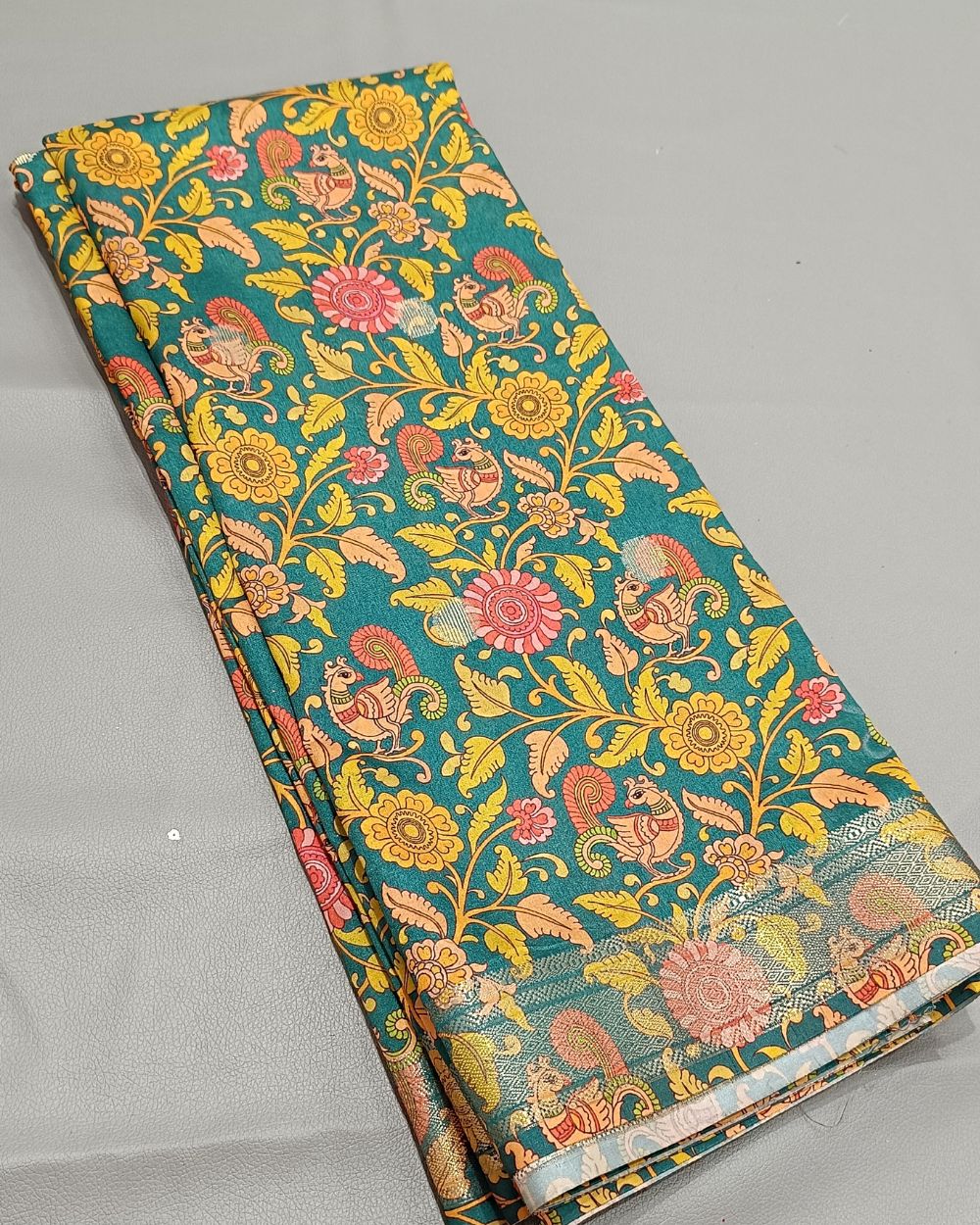 Printed Silk With Border Peacock Green (Multicolour) 46 Inches Width