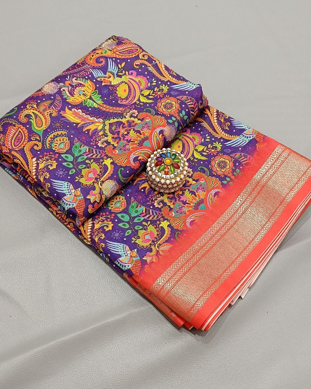 Printed Silk With Border Purple (Multicolour) 46 Inches Width