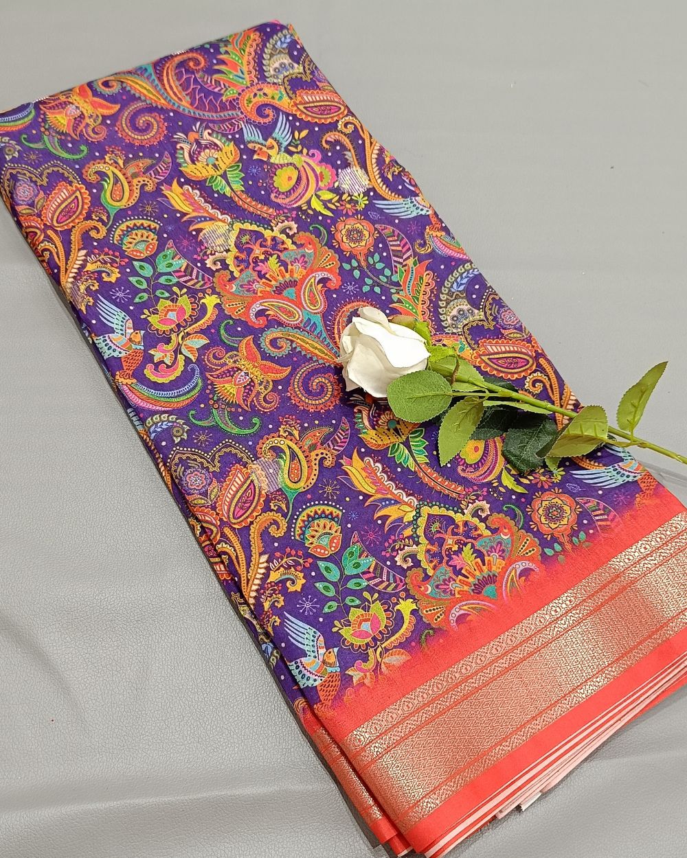 Printed Silk With Border Purple (Multicolour) 46 Inches Width