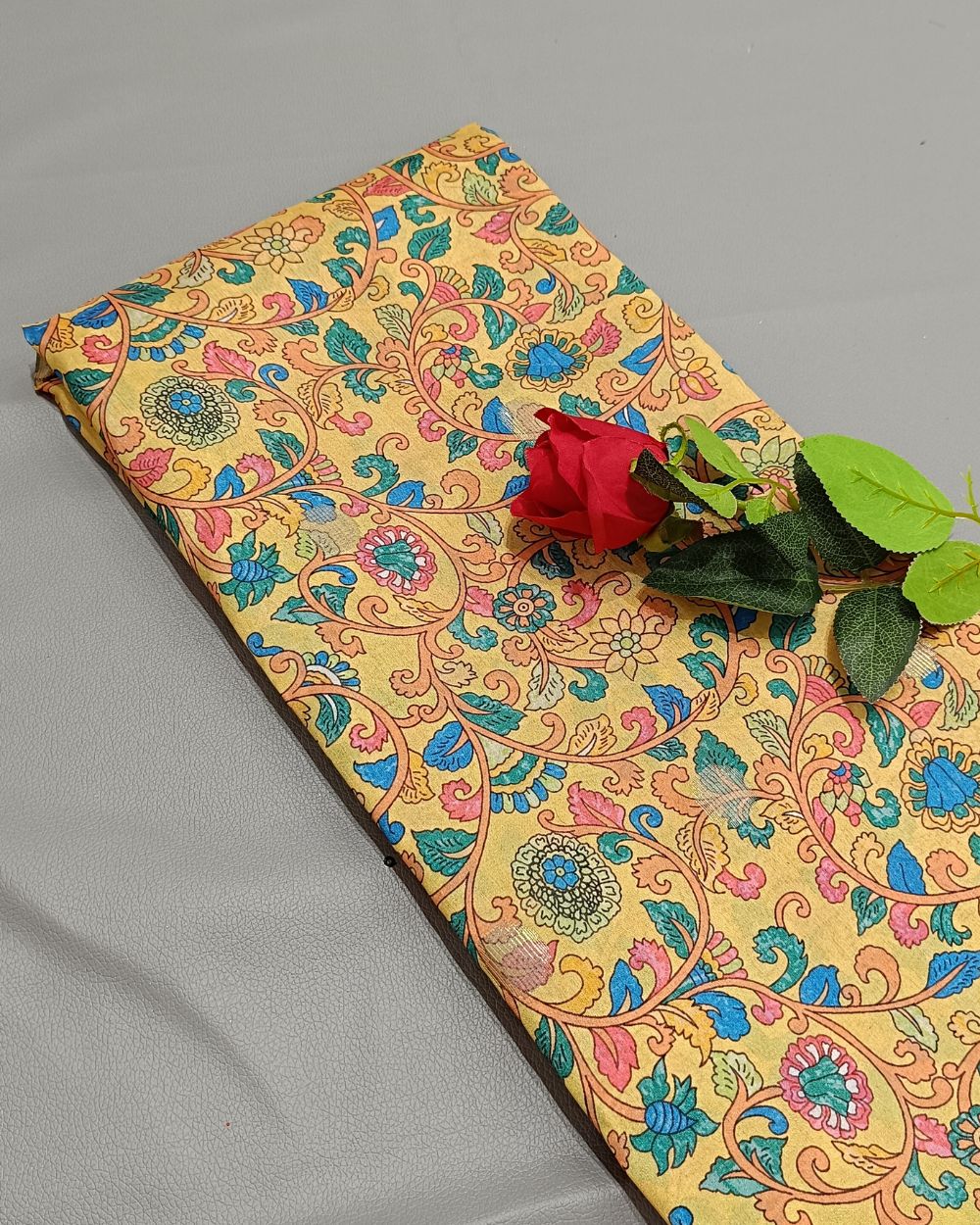 Printed Silk With Border Yellow (Multicolour) 46 Inches Width