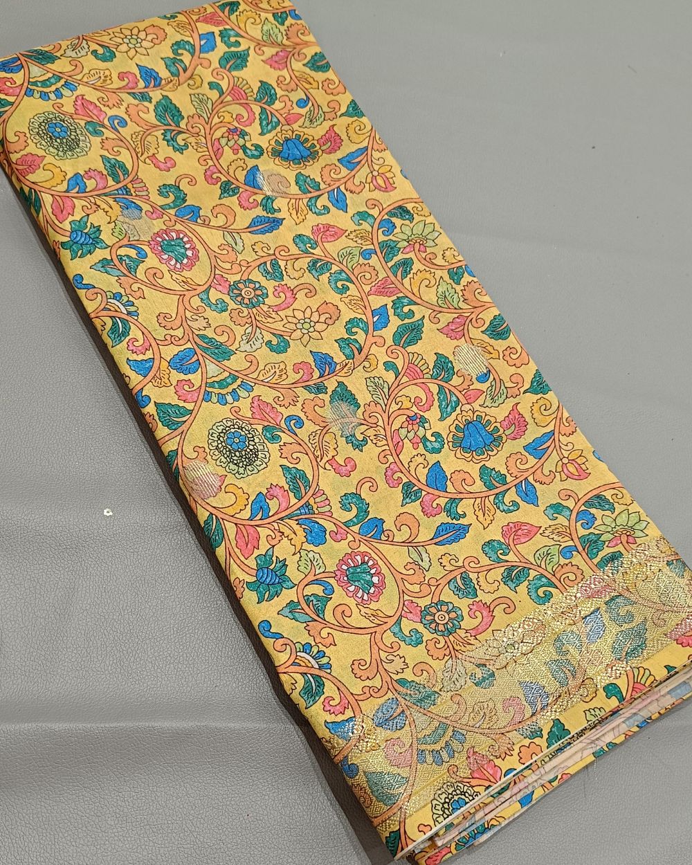 Printed Silk With Border Yellow (Multicolour) 46 Inches Width