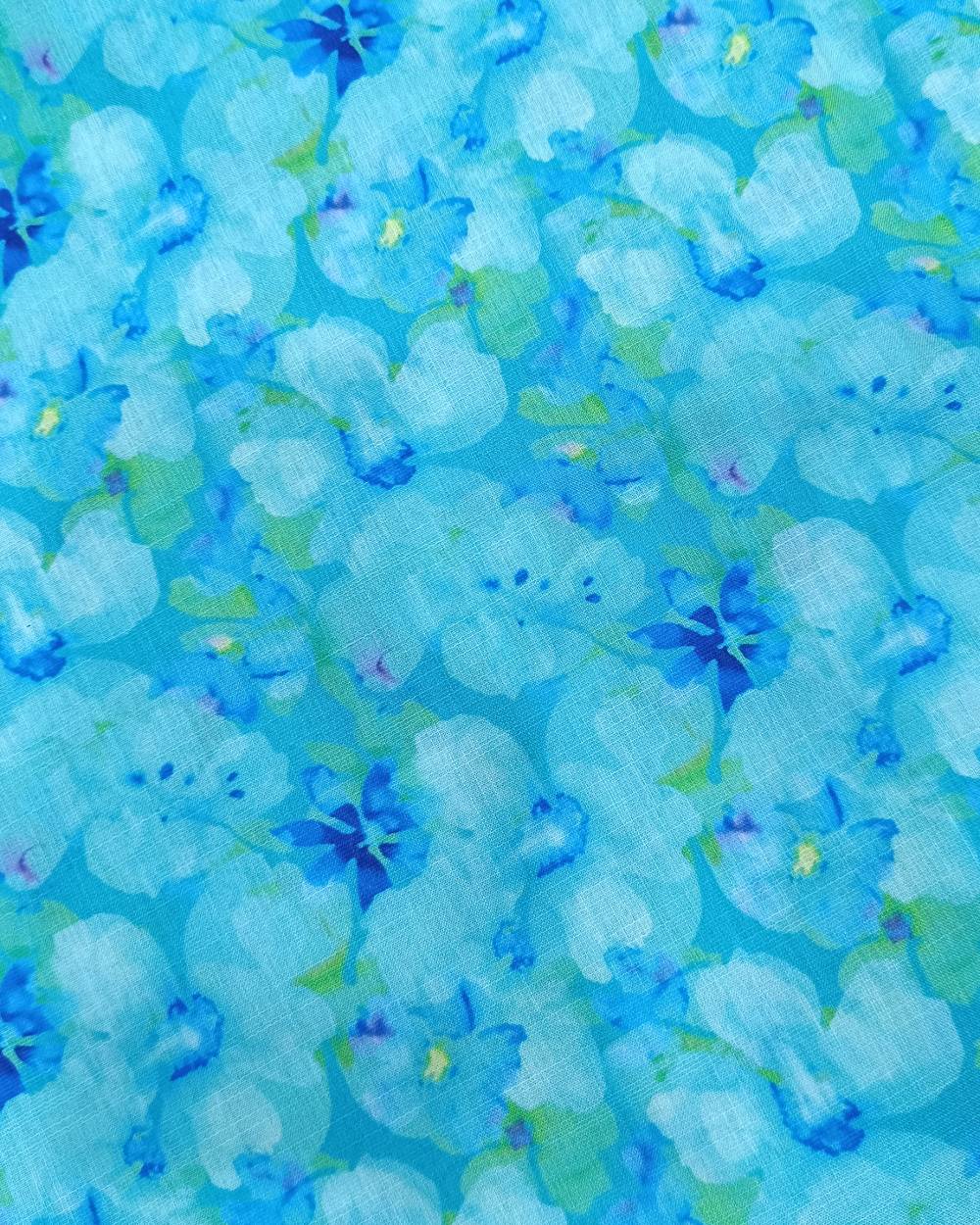 Cotton Linen Feel Floral Print Sky Blue Colour 44 Inches Width