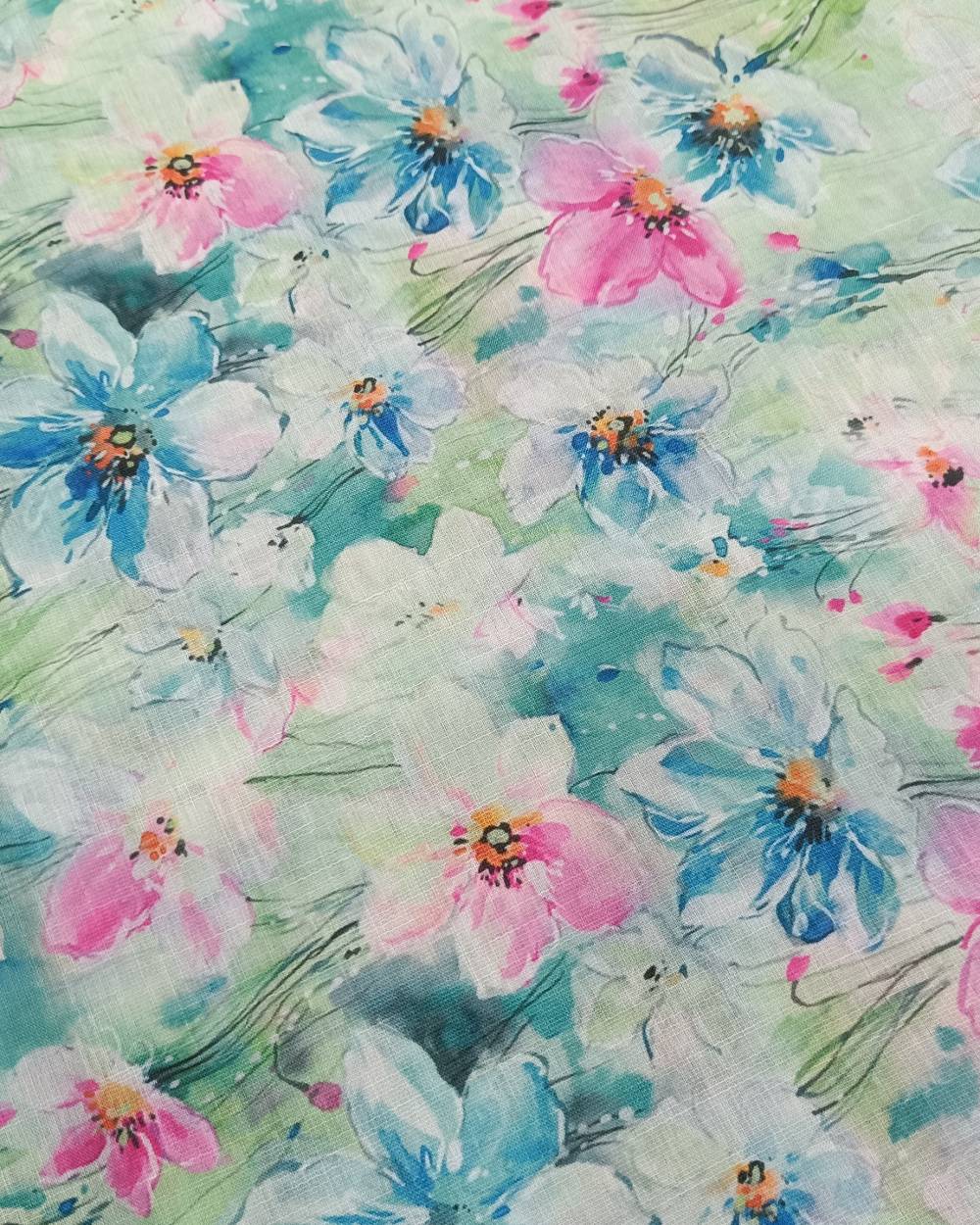 Cotton Linen Feel Floral Print Pista Colour 44 Inches Width